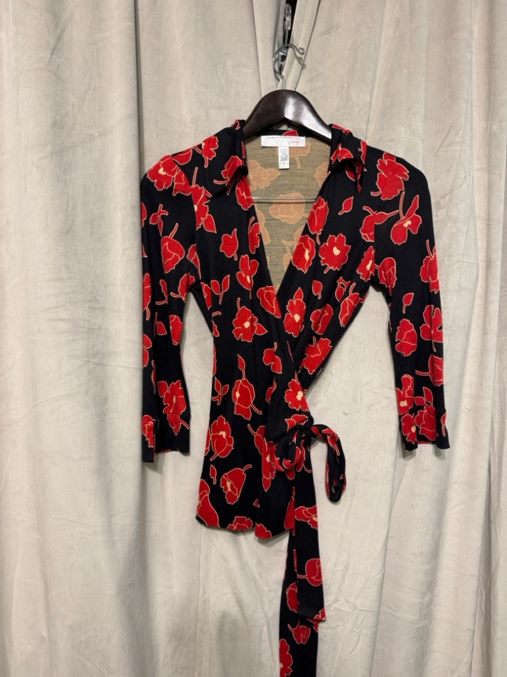 Diane Von Furstenberg Black Wrap Blouse with Red Floral Print